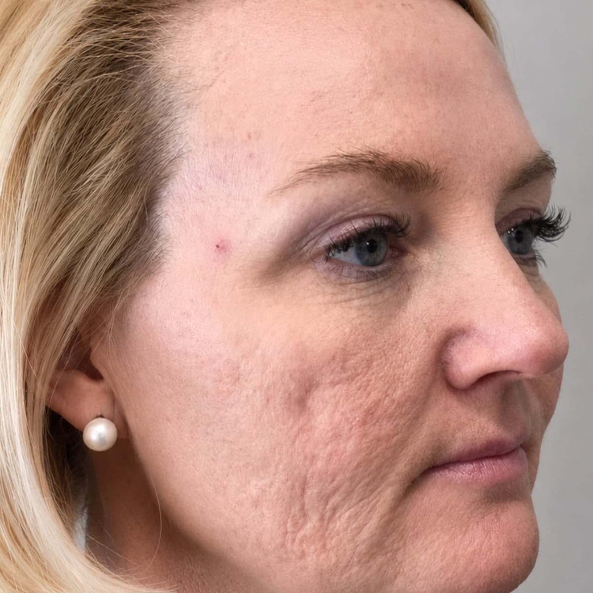 A patient's cheek marked with pitted acne scarring before starting treatment at The Look Aesthetics